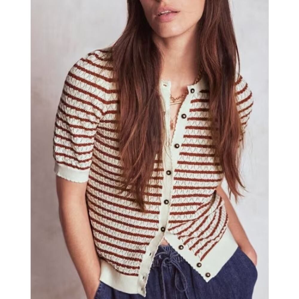 Boden Dot Pointelle Short Sleeve Cardigan, Warm Ivory/Red Sz. XS